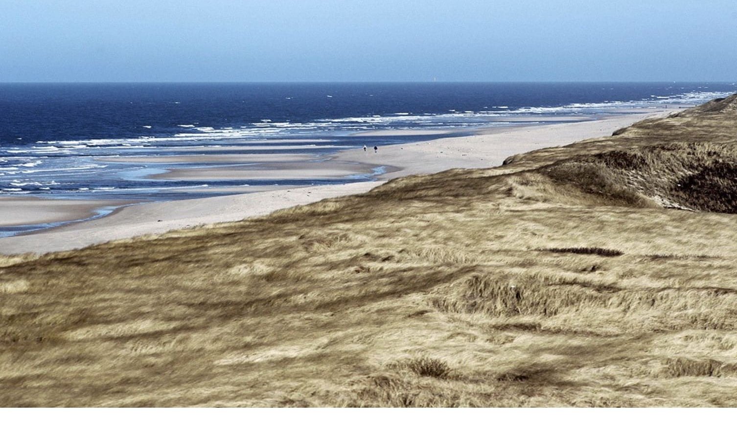 Breiter Sandstrand mit grasbewachsenen Dünen und Blick auf das Meer bei klarem Himmel.