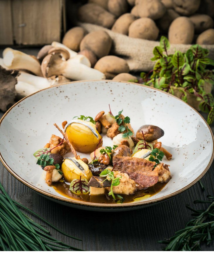 Gourmetgericht mit Pilzen und Kartoffeln auf rustikalem Teller, im Hintergrund frische Zutaten.