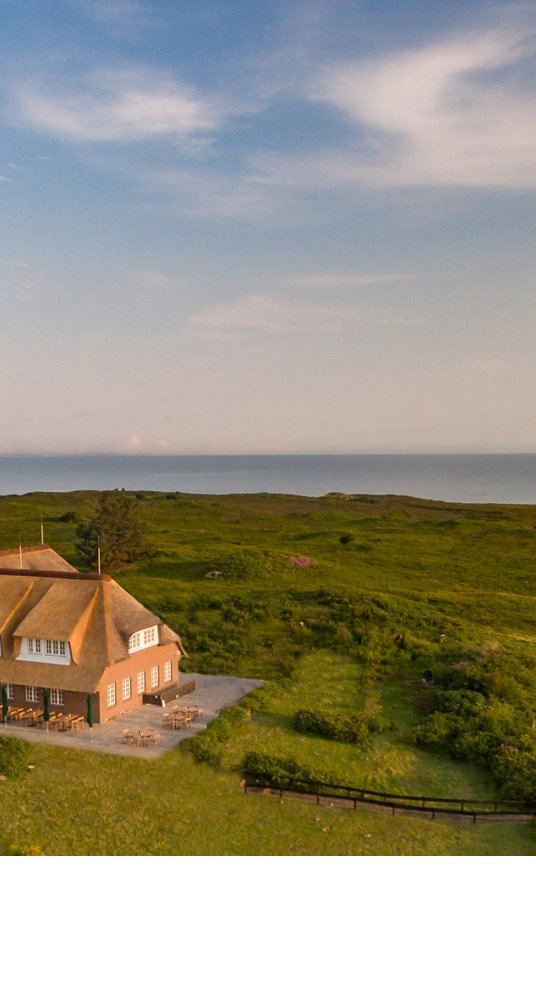 Reetgedecktes Hotel Landhaus Severin*s auf Sylt, umgeben von grüner Landschaft, mit Blick auf das Meer.