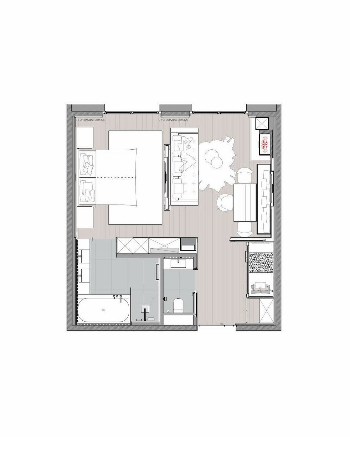 Grundriss einer Suite mit Schlafzimmer, Wohnbereich, Bad und Balkon im Severin*s The Alpine Retreat, Lech.