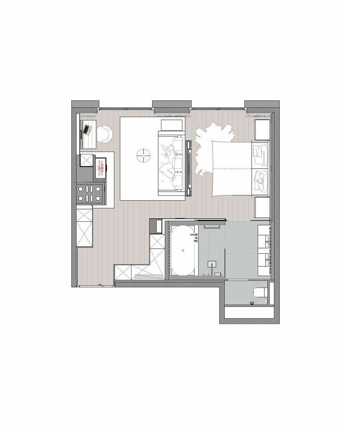 Grundriss einer Suite mit Schlafzimmer, Wohnzimmer, Küche und Bad im Severin*s The Alpine Retreat in Lech.