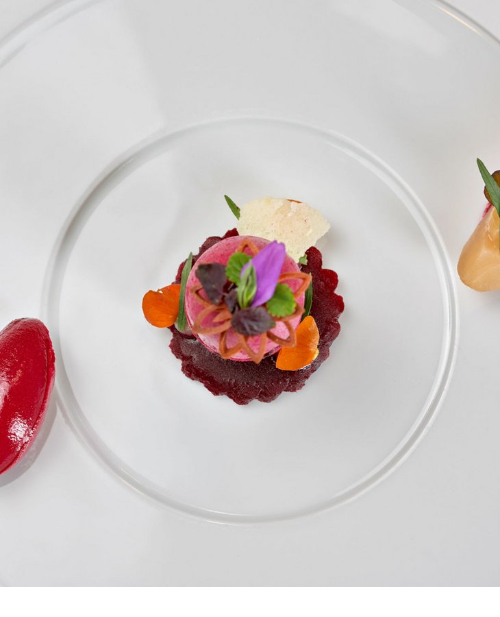 Gourmetgericht auf weißem Teller, kunstvoll angerichtet im Severin*s The Alpine Retreat.