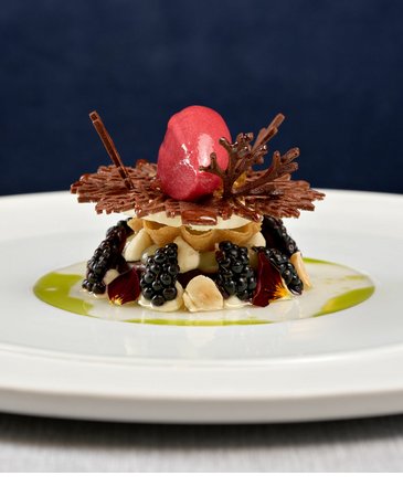 Gourmetgericht mit kunstvoll angerichteten Früchten und Schaumsoße auf weißem Teller im Severin*s The Alpine Retreat.