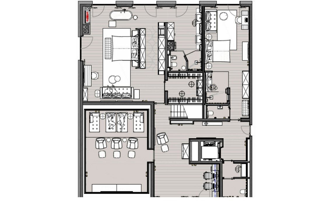 Grundriss einer Suite im Severin*s The Alpine Retreat, zeigt Schlafzimmer, Wohnzimmer, Badezimmer und Küche.