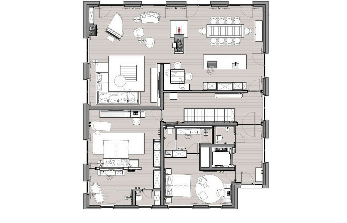 Grundriss einer Suite im Hotel Severin*s The Alpine Retreat mit Wohn-, Essbereich, Schlafzimmer und Bad.