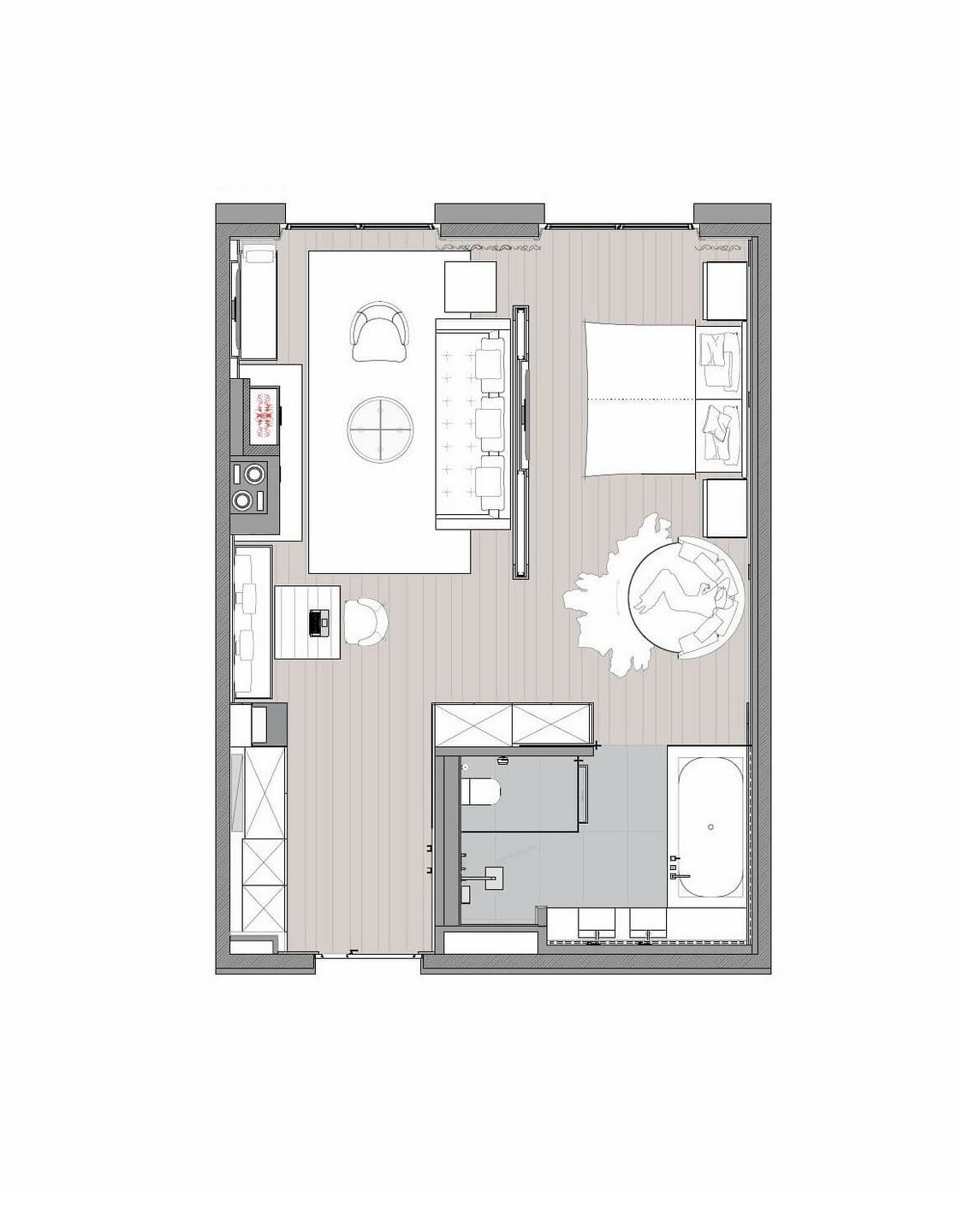 Grundriss einer Suite im Hotel Severin*s: Wohnbereich, Schlafzimmer, Bad mit Wanne, stilvoll und funktional gestaltet.