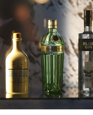 Hotelbar im Severin*s - The Alpine Retreat Vier Ginflaschen in einem Regal, elegant beleuchtet, im Hotel Severin*s The Alpine Retreat.