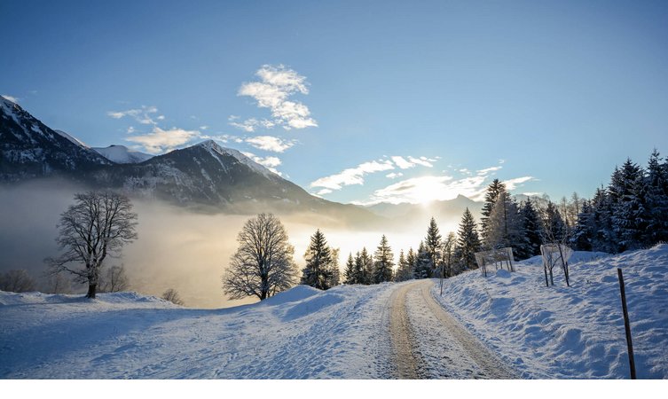 Verschneite Berglandschaft mit Bäumen, nebelverhangenen Tälern und einem Weg unter blauem Himmel bei Sonnenaufgang.