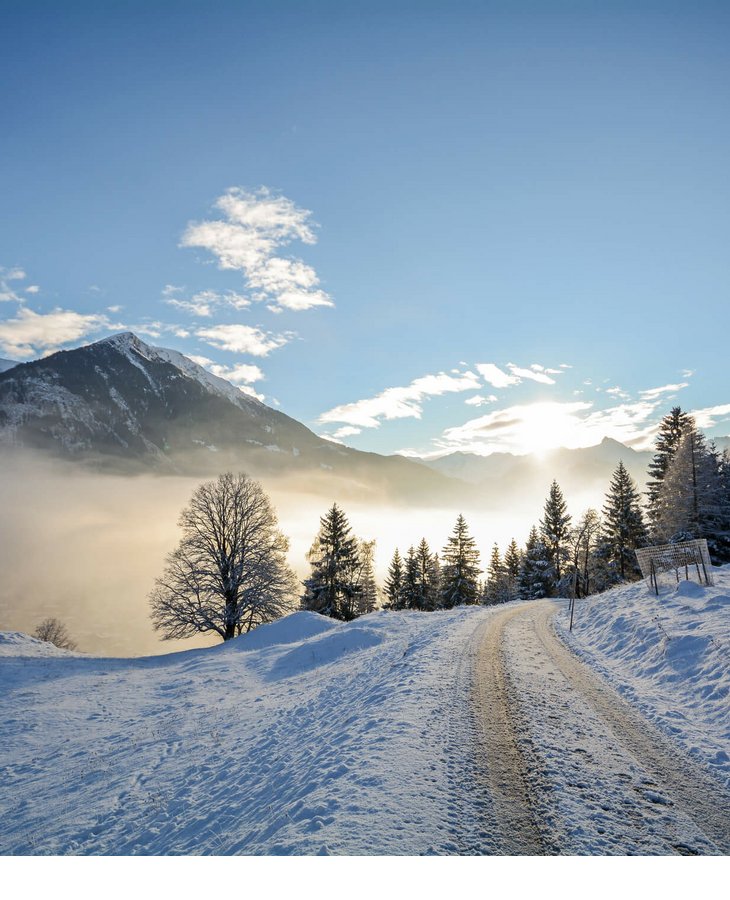Verschneite Berglandschaft mit Bäumen, nebelverhangenen Tälern und einem Weg unter blauem Himmel bei Sonnenaufgang.