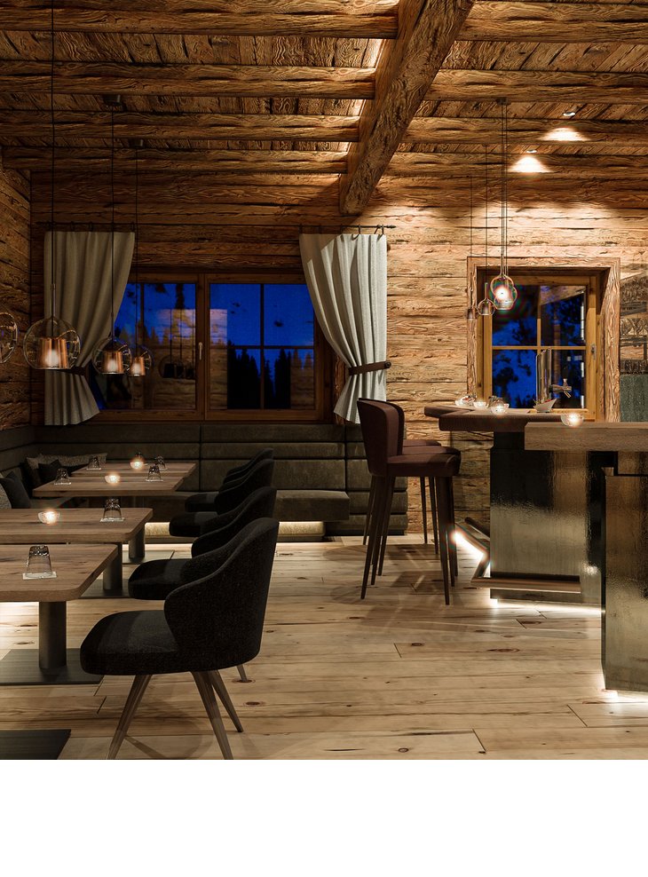 Gemütliche Hotelbar mit Holzwänden, modernen Lampen und Kunstwerken, bietet eine warme und einladende Atmosphäre.