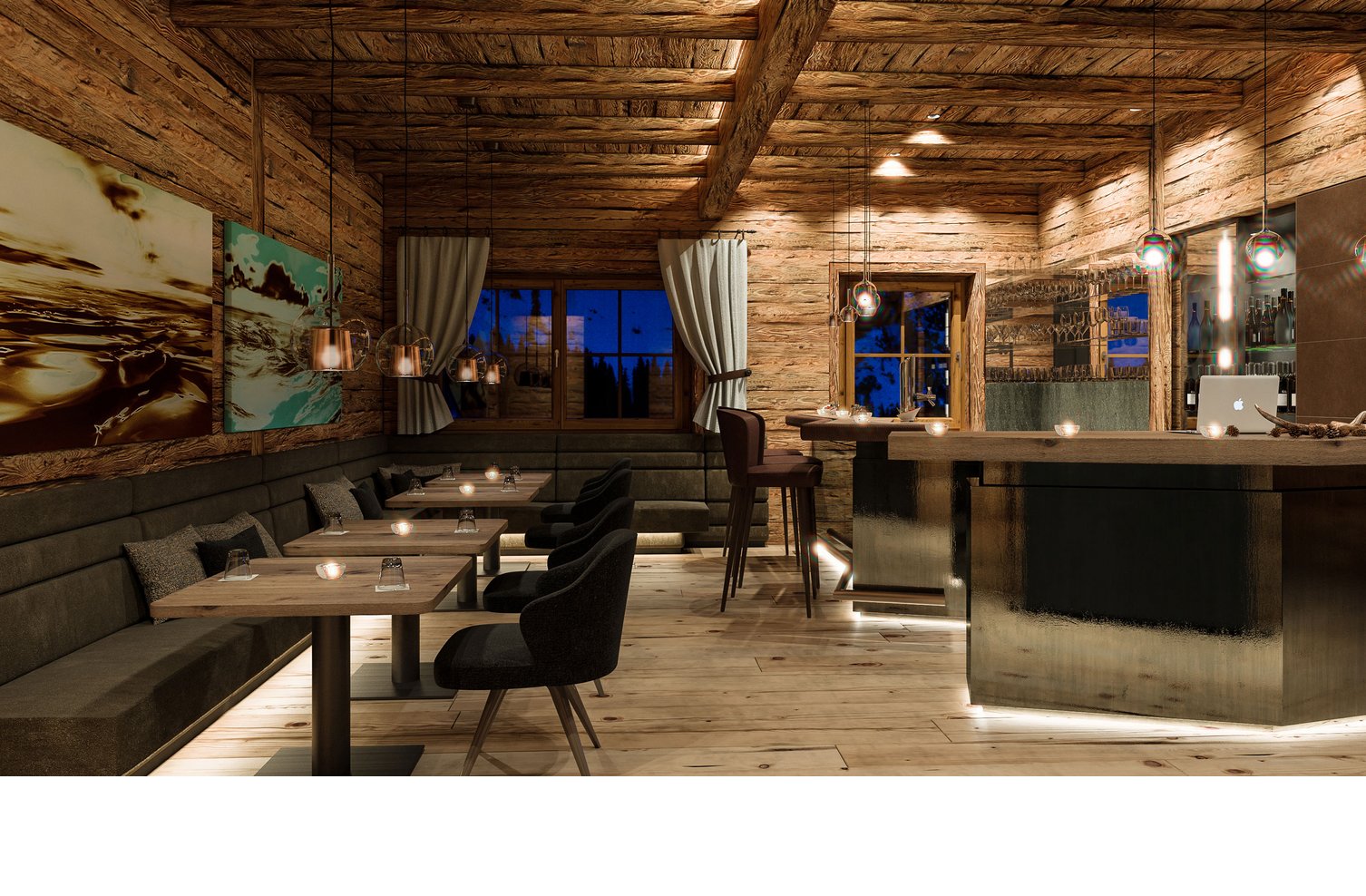 Gemütliche Hotelbar mit Holzwänden, modernen Lampen und Kunstwerken, bietet eine warme und einladende Atmosphäre.